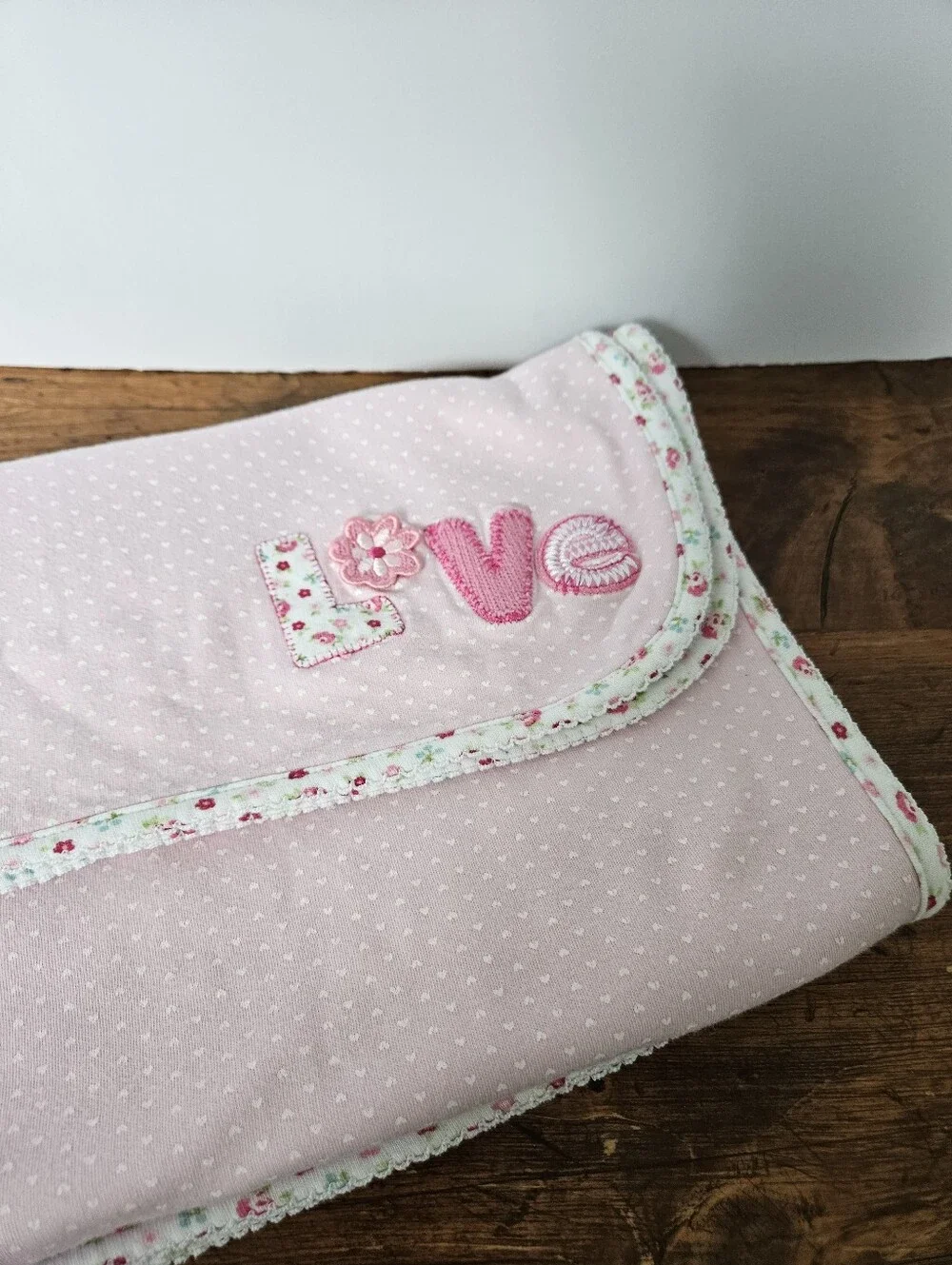 Vintage Carters Cotton Baby Blanket Love Applique Pink With Floral Back